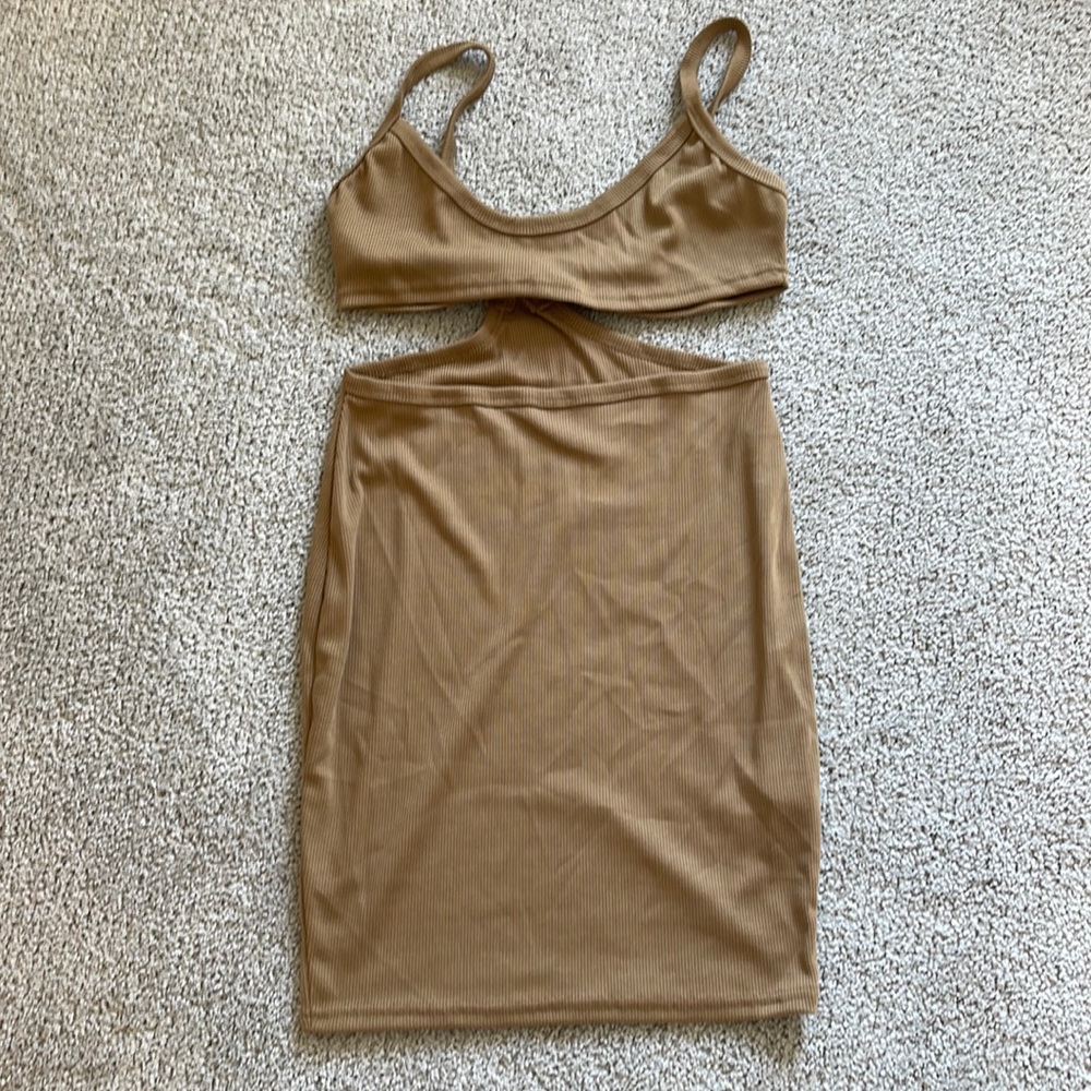 Tan mini dress, cut out. Purchased off Amazon I believe.